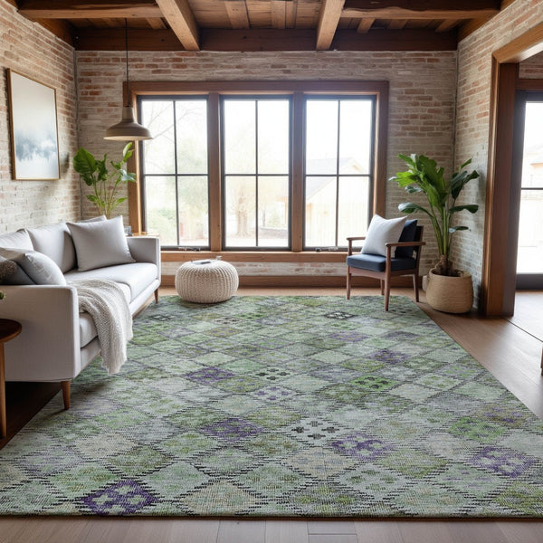 HomeRoots 10' Geometric Washable Area Rug in Green, Purple & Gray - UV-Protected, Durable & Stylish for Homes 683824
