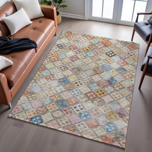 HomeRoots 5' X 8' Vibrant Rust Teal Brown Geometric Area Rug - Washable, UV Protected, Durable for Homes 683832