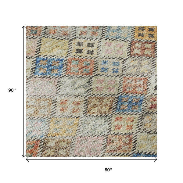HomeRoots 5' X 8' Vibrant Rust Teal Brown Geometric Area Rug - Washable, UV Protected, Durable for Homes 683832