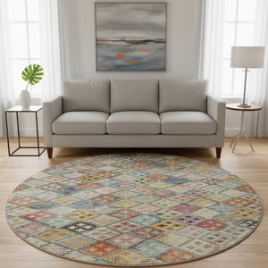 HomeRoots 8' Washable Round Rug in Rust, Teal & Brown – Durable Geometric Design with UV & Stain Protection 683833