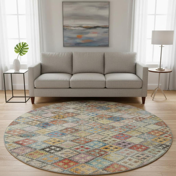 HomeRoots 8' Washable Round Rug in Rust, Teal & Brown – Durable Geometric Design with UV & Stain Protection 683833