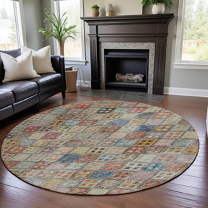 HomeRoots 8' Washable Round Rug in Rust, Teal & Brown – Durable Geometric Design with UV & Stain Protection 683833
