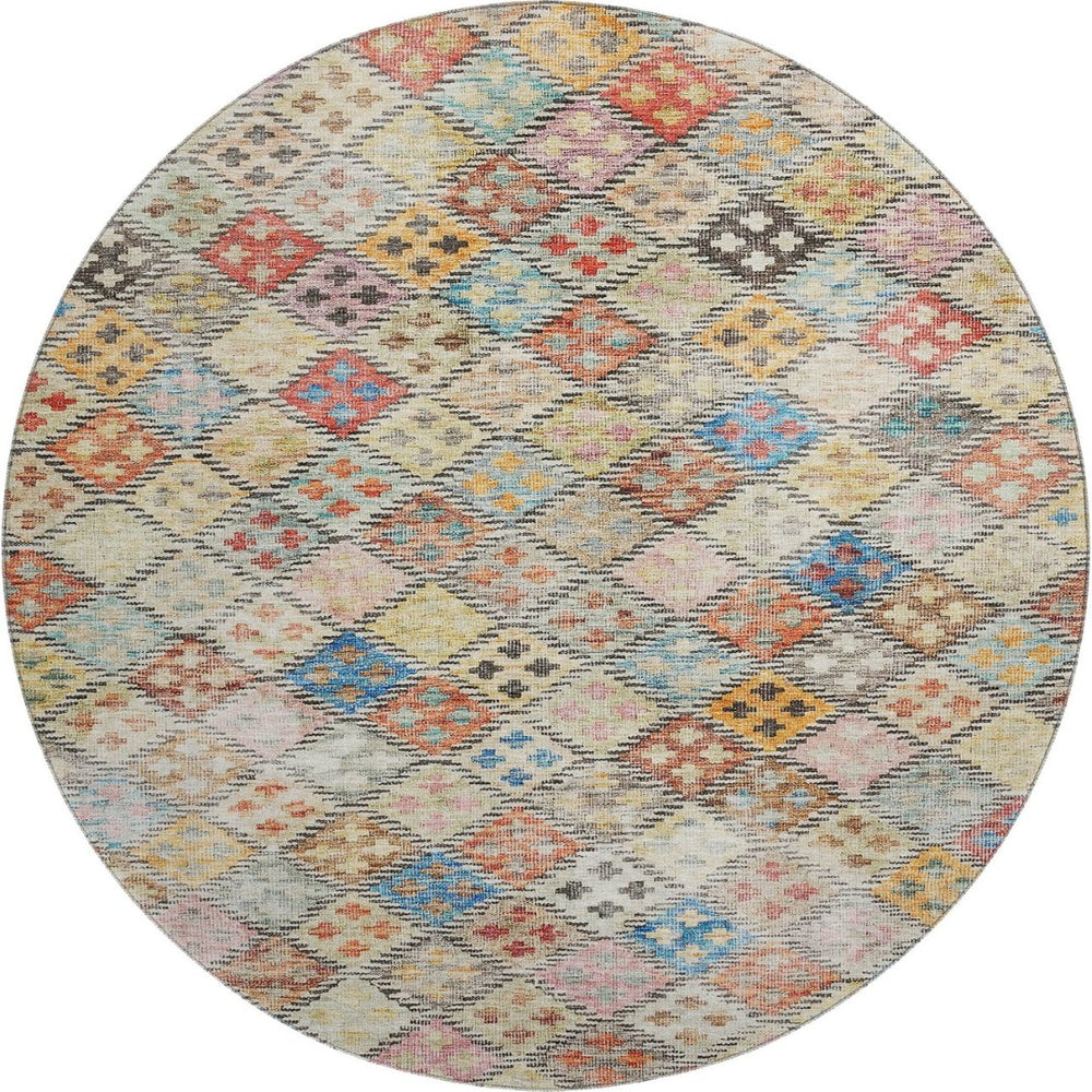 HomeRoots 8' Washable Round Rug in Rust, Teal & Brown – Durable Geometric Design with UV & Stain Protection 683833