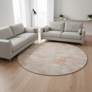 HomeRoots 8' Pink And Ivory Geometric Round Rug - Washable, UV Protected, Durable Design for Modern Spaces 683839