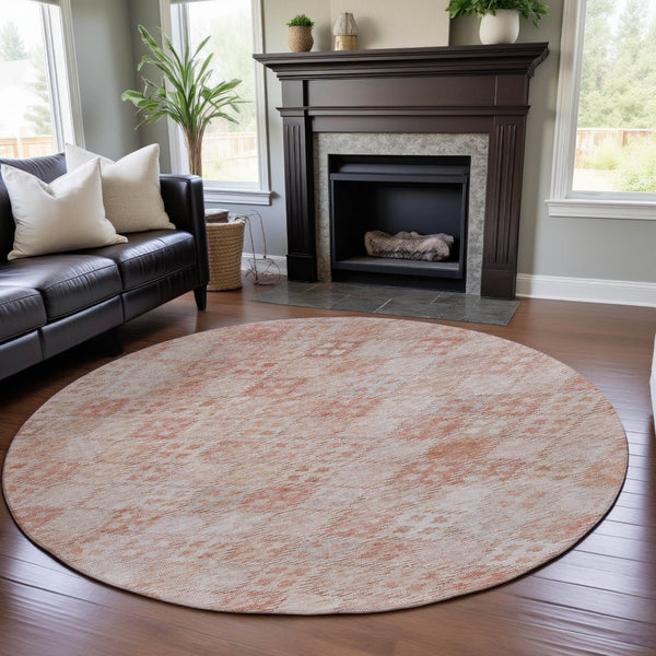 HomeRoots 8' Pink And Ivory Geometric Round Rug - Washable, UV Protected, Durable Design for Modern Spaces 683839