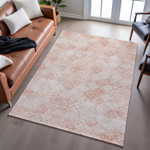 HomeRoots 9' X 12' Pink And Ivory Geometric Area Rug - Washable, UV Protected, Stain-Resistant, Durable Design 683841