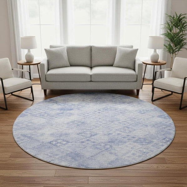 HomeRoots 8' Sky Blue and Ivory Geometric Round Rug - Washable, UV Protected, Stylish for Indoor & Outdoor Use 683851