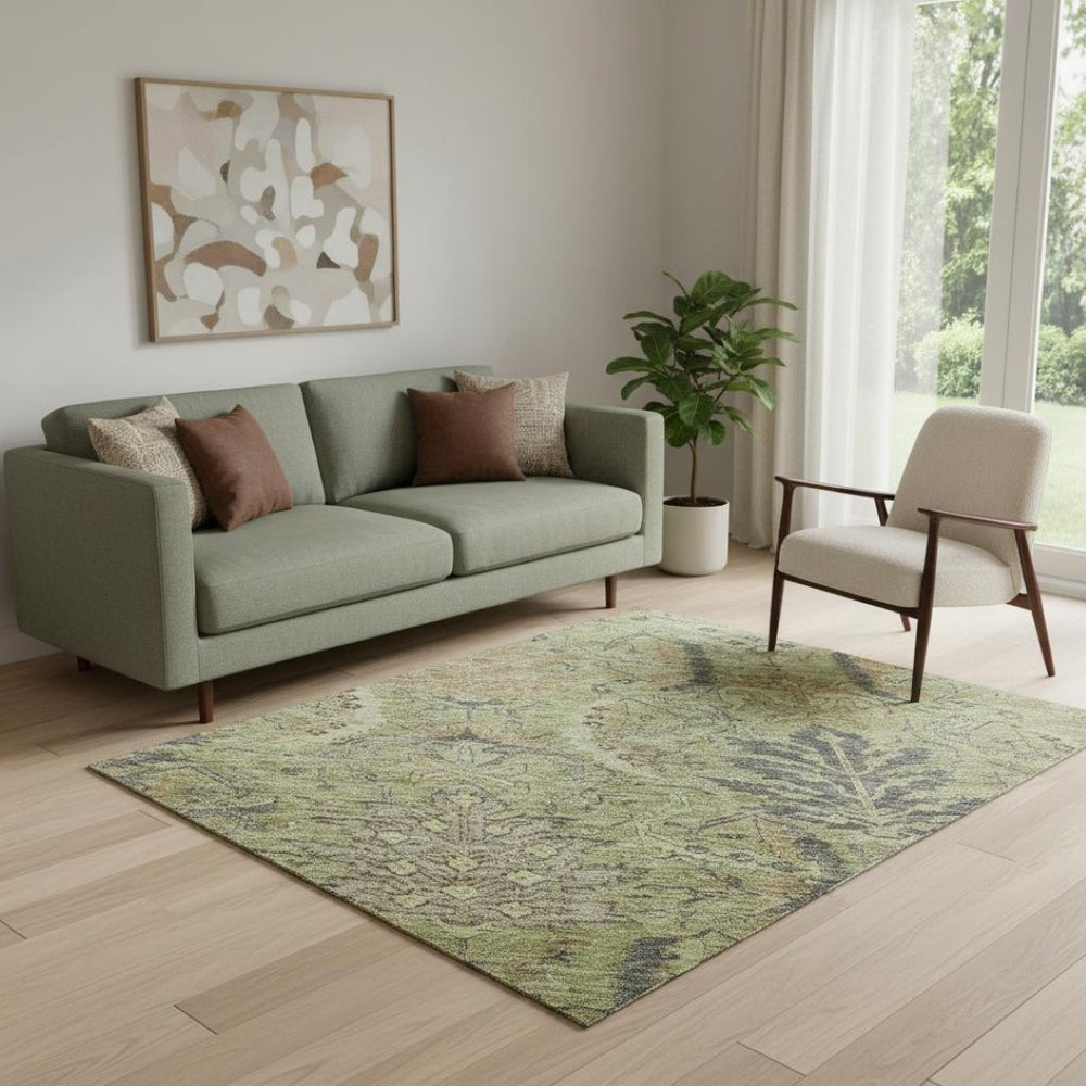 HomeRoots 5' X 8' Elegant Artichoke Green Gold Damask Area Rug - Washable, UV Protected, Stain Resistant Design! 683856