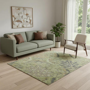 HomeRoots 5' X 8' Elegant Artichoke Green Gold Damask Area Rug - Washable, UV Protected, Stain Resistant Design! 683856
