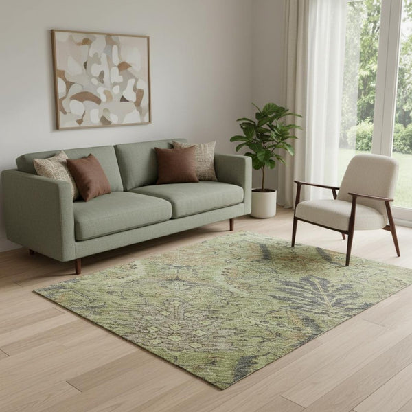 HomeRoots 5' X 8' Elegant Artichoke Green Gold Damask Area Rug - Washable, UV Protected, Stain Resistant Design! 683856