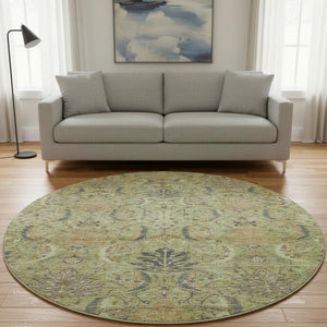 HomeRoots 8' Washable Round Rug in Artichoke Green, Gold & Charcoal Damask with UV Protection & Durability 683857
