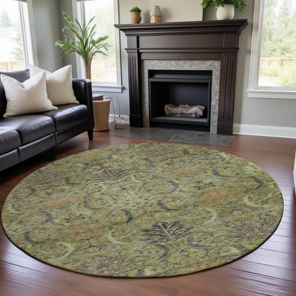 HomeRoots 8' Washable Round Rug in Artichoke Green, Gold & Charcoal Damask with UV Protection & Durability 683857