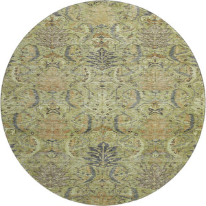 HomeRoots 8' Washable Round Rug in Artichoke Green, Gold & Charcoal Damask with UV Protection & Durability 683857