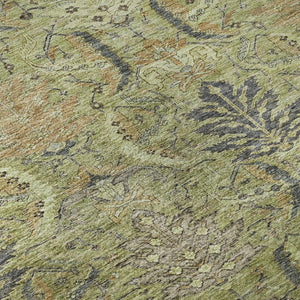 HomeRoots 8' Washable Round Rug in Artichoke Green, Gold & Charcoal Damask with UV Protection & Durability 683857