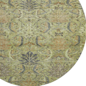 HomeRoots 8' Washable Round Rug in Artichoke Green, Gold & Charcoal Damask with UV Protection & Durability 683857