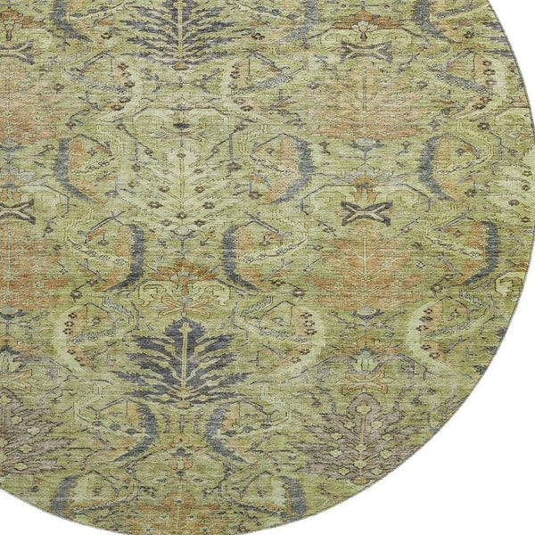 HomeRoots 8' Washable Round Rug in Artichoke Green, Gold & Charcoal Damask with UV Protection & Durability 683857