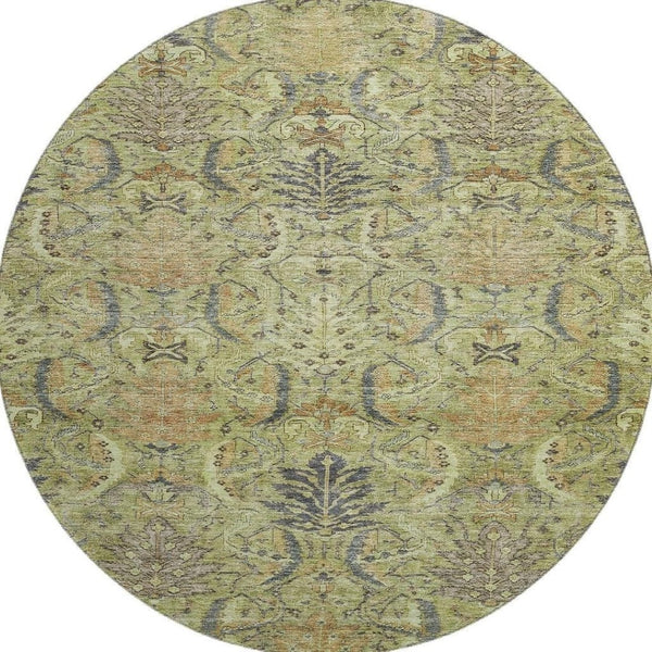HomeRoots 8' Washable Round Rug in Artichoke Green, Gold & Charcoal Damask with UV Protection & Durability 683857