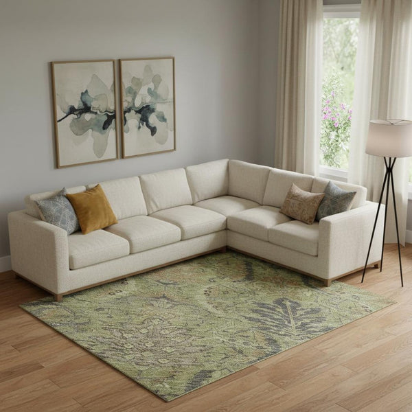 HomeRoots 9' X 12' Artichoke Green Gold Charcoal Damask Area Rug - Washable, Stain-Resistant, UV Protected Elegance 683859