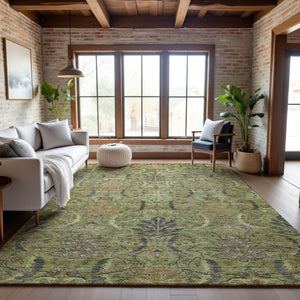 HomeRoots 9' X 12' Artichoke Green Gold Charcoal Damask Area Rug - Washable, Stain-Resistant, UV Protected Elegance 683859