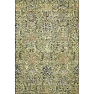 HomeRoots 9' X 12' Artichoke Green Gold Charcoal Damask Area Rug - Washable, Stain-Resistant, UV Protected Elegance 683859