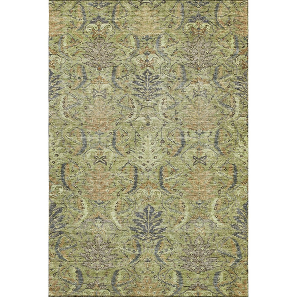 HomeRoots 9' X 12' Artichoke Green Gold Charcoal Damask Area Rug - Washable, Stain-Resistant, UV Protected Elegance 683859