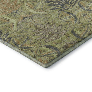 HomeRoots 9' X 12' Artichoke Green Gold Charcoal Damask Area Rug - Washable, Stain-Resistant, UV Protected Elegance 683859