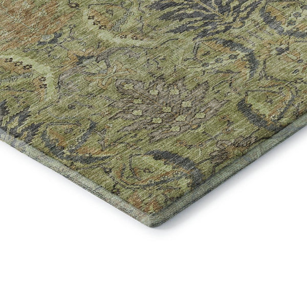 HomeRoots 9' X 12' Artichoke Green Gold Charcoal Damask Area Rug - Washable, Stain-Resistant, UV Protected Elegance 683859