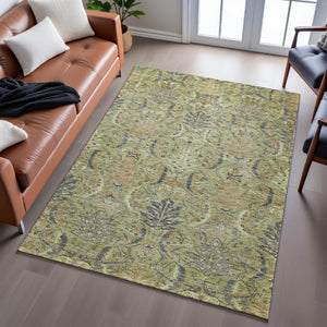 HomeRoots 9' X 12' Artichoke Green Gold Charcoal Damask Area Rug - Washable, Stain-Resistant, UV Protected Elegance 683859