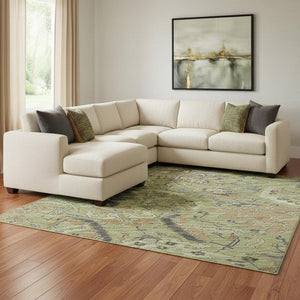 HomeRoots 10' X 14' Artichoke Green Damask Area Rug with UV Protection – Washable, Durable, Elegant Design 683860