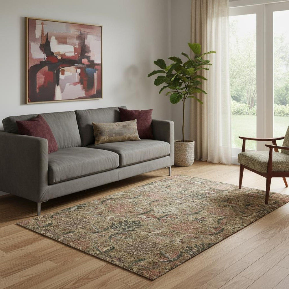 HomeRoots 5' X 8' Stylish Brown and Gray Damask Washable Area Rug with UV Protection for Busy Homes & Kids 683862