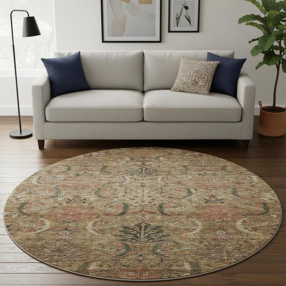 HomeRoots 8' Brown and Gray Damask Round Rug - Washable, UV-Protected, Stain-Resistant, Perfect for Homes! 683863