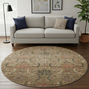 HomeRoots 8' Brown and Gray Damask Round Rug - Washable, UV-Protected, Stain-Resistant, Perfect for Homes! 683863
