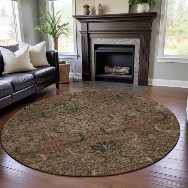 HomeRoots 8' Brown and Gray Damask Round Rug - Washable, UV-Protected, Stain-Resistant, Perfect for Homes! 683863