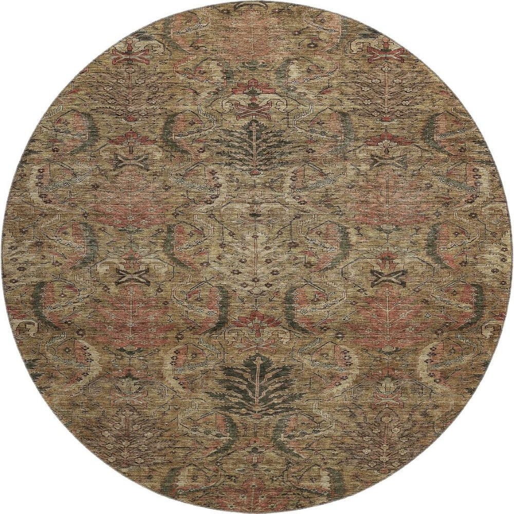 HomeRoots 8' Brown and Gray Damask Round Rug - Washable, UV-Protected, Stain-Resistant, Perfect for Homes! 683863