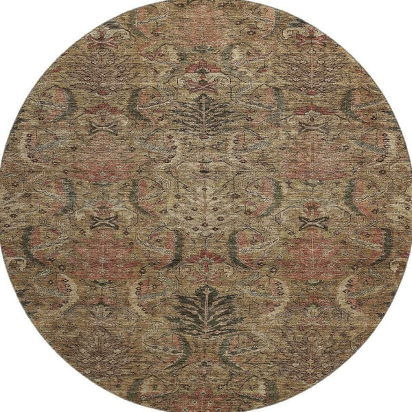 HomeRoots 8' Brown and Gray Damask Round Rug - Washable, UV-Protected, Stain-Resistant, Perfect for Homes! 683863