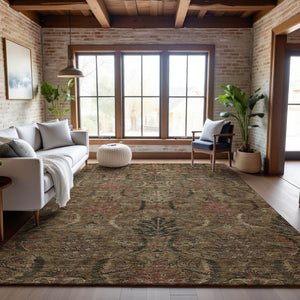 HomeRoots 10' X 14' Brown And Gray Damask Area Rug – Stylish, Washable, UV-Protected for High-Traffic Spaces 683866