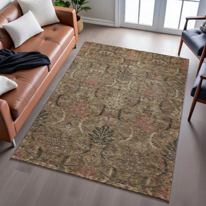 HomeRoots 10' X 14' Brown And Gray Damask Area Rug – Stylish, Washable, UV-Protected for High-Traffic Spaces 683866