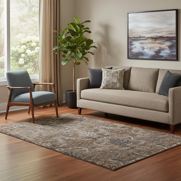 HomeRoots 5' X 8' Chocolate and Gray Damask Area Rug - Durable, Washable, UV-Protected for Stylish Homes 683868