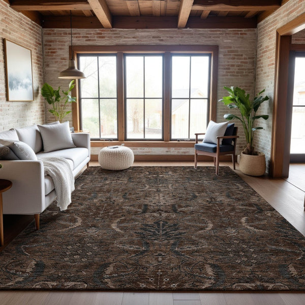 HomeRoots 5' X 8' Chocolate and Gray Damask Area Rug - Durable, Washable, UV-Protected for Stylish Homes 683868