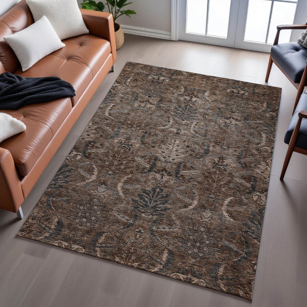 HomeRoots 5' X 8' Chocolate and Gray Damask Area Rug - Durable, Washable, UV-Protected for Stylish Homes 683868
