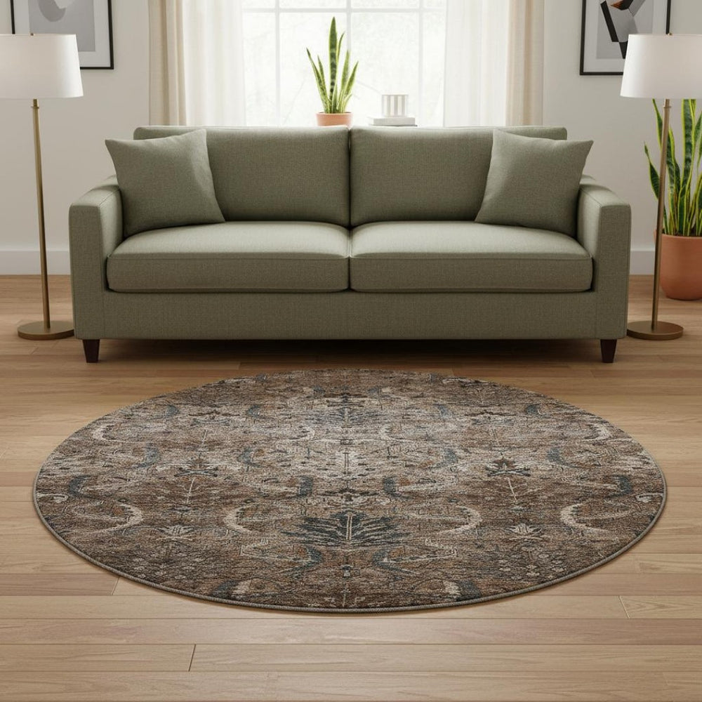 HomeRoots 8' Chocolate and Gray Damask Round Rug – Washable, UV-Protected, Stylish & Durable for Any Space 683869