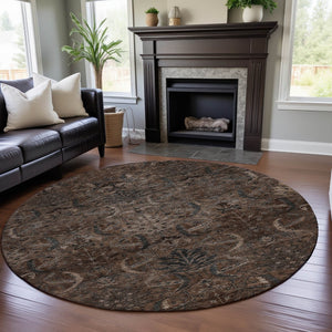 HomeRoots 8' Chocolate and Gray Damask Round Rug – Washable, UV-Protected, Stylish & Durable for Any Space 683869