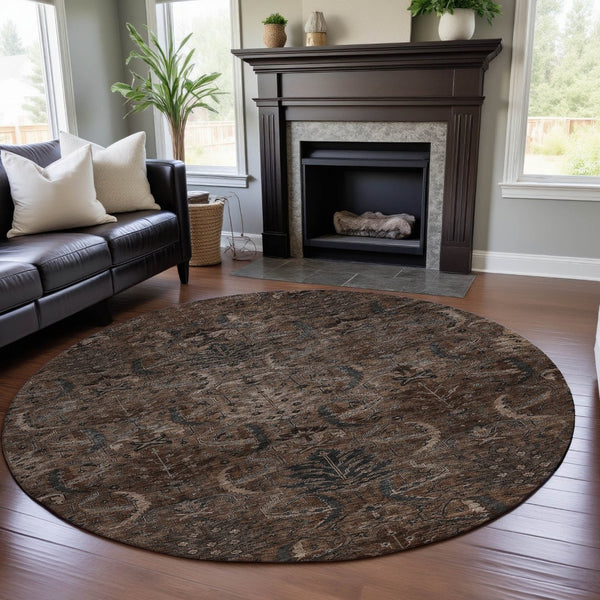 HomeRoots 8' Chocolate and Gray Damask Round Rug – Washable, UV-Protected, Stylish & Durable for Any Space 683869