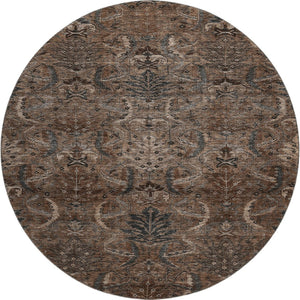 HomeRoots 8' Chocolate and Gray Damask Round Rug – Washable, UV-Protected, Stylish & Durable for Any Space 683869