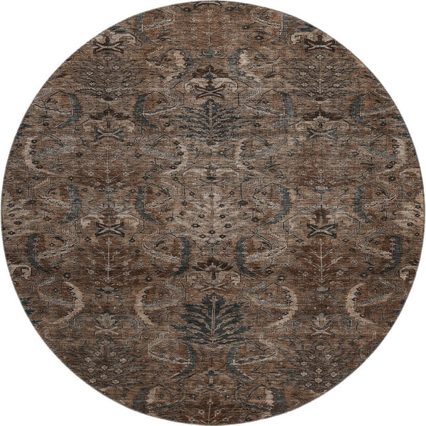 HomeRoots 8' Chocolate and Gray Damask Round Rug – Washable, UV-Protected, Stylish & Durable for Any Space 683869
