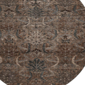 HomeRoots 8' Chocolate and Gray Damask Round Rug – Washable, UV-Protected, Stylish & Durable for Any Space 683869