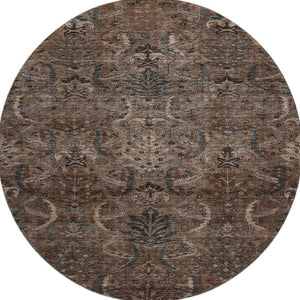HomeRoots 8' Chocolate and Gray Damask Round Rug – Washable, UV-Protected, Stylish & Durable for Any Space 683869