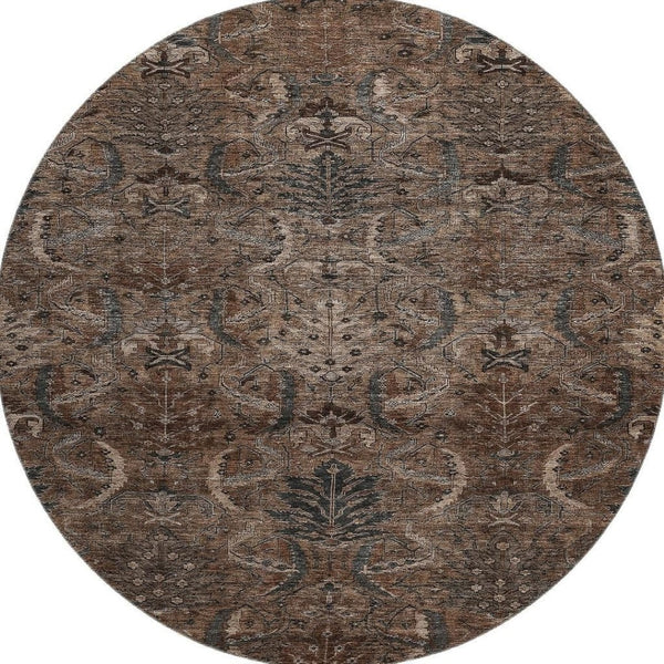 HomeRoots 8' Chocolate and Gray Damask Round Rug – Washable, UV-Protected, Stylish & Durable for Any Space 683869