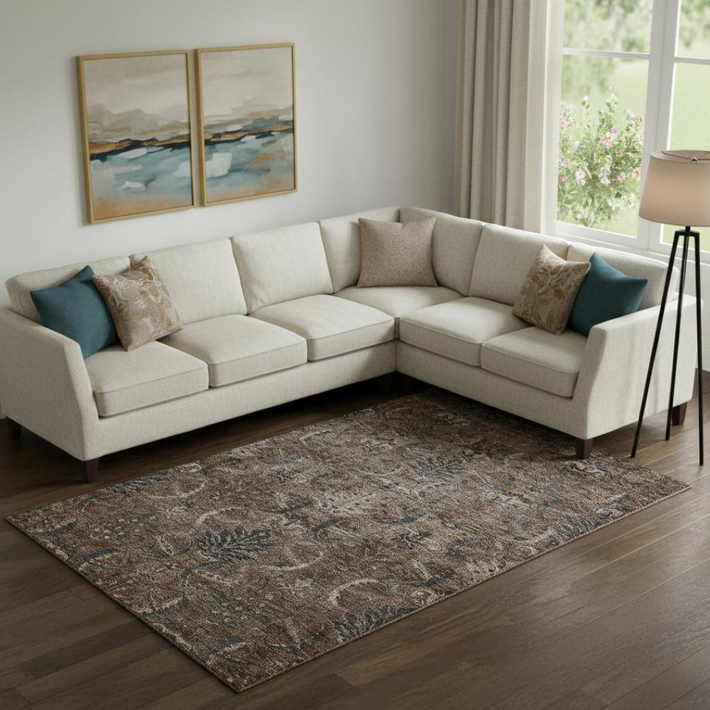 HomeRoots 9' X 12' Elegant Chocolate and Gray Damask Area Rug - Washable, UV-Protected, and Stain-Resistant! 683871