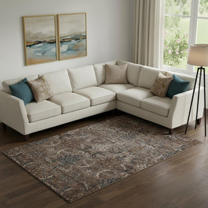 HomeRoots 9' X 12' Elegant Chocolate and Gray Damask Area Rug - Washable, UV-Protected, and Stain-Resistant! 683871